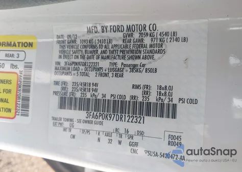 2013 Ford Fusion Titanium from USA, damaged, VIN 3FA6P0K97DR122321